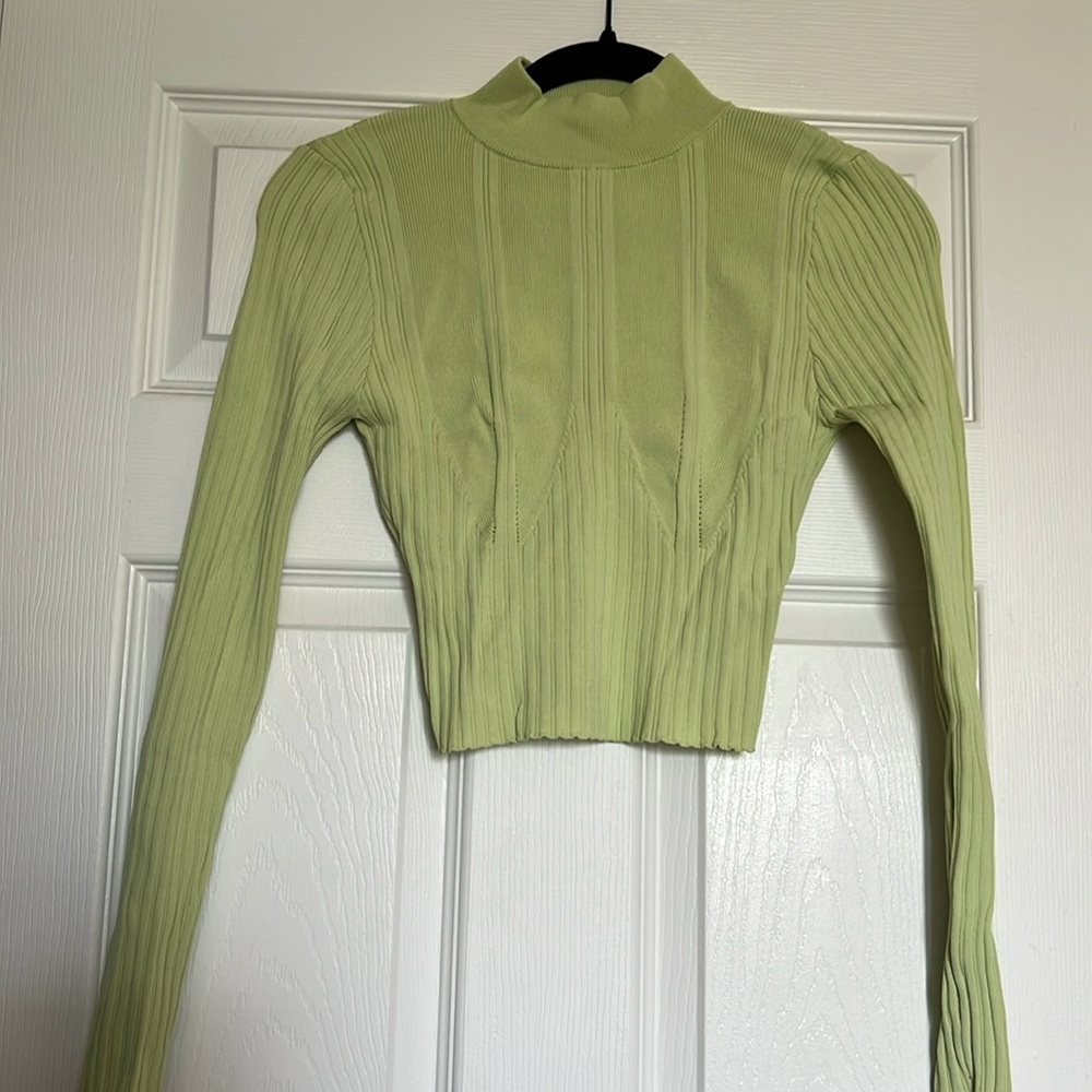Lime green, cropped turtleneck long sleeve shirt